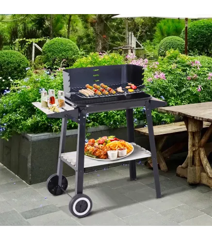 Barbacoa de Carbón Vegetal BBQ con Altura de Parrilla Ajustable Estantes y Ruedas para Exterior 83x46x87 cm Negro
