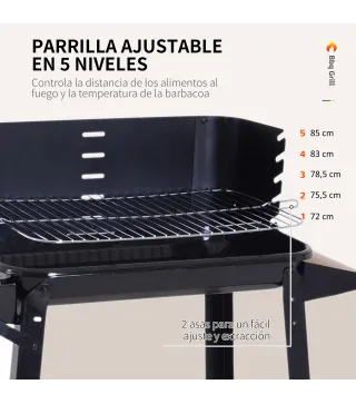 Barbacoa de Carbón Vegetal BBQ con Altura de Parrilla Ajustable Estantes y Ruedas para Exterior 83x46x87 cm Negro