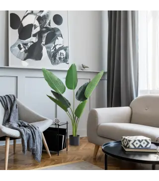 Planta de Decoración Artificial de Palma Árbol Realista con Maceta 7 Hojas para Interior Ø15x120 cm Verde