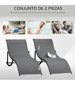 2 Tumbonas Plegables con Marco de Aluminio en Forma de S Carga de 120 kg para Piscina Terraza 165x61x63 cm Gris Oscuro