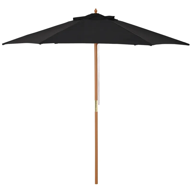 Sombrilla de Jardín Ø250x230 cm Parasol de Terraza con Marco de Madera 6 Varillas Sistema de Cuerda e Impermeable Negro