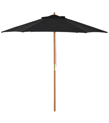 Sombrilla de Jardín Ø250x230 cm Parasol de Terraza con Marco de Madera 6 Varillas Sistema de Cuerda e Impermeable Negro