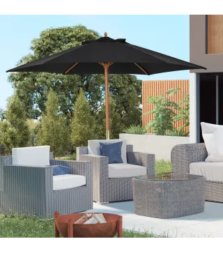 Sombrilla de Jardín Ø250x230 cm Parasol de Terraza con Marco de Madera 6 Varillas Sistema de Cuerda e Impermeable Negro
