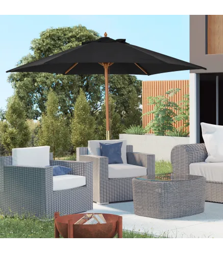 Sombrilla de Jardín Ø250x230 cm Parasol de Terraza con Marco de Madera 6 Varillas Sistema de Cuerda e Impermeable Negro