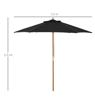Sombrilla de Jardín Ø250x230 cm Parasol de Terraza con Marco de Madera 6 Varillas Sistema de Cuerda e Impermeable Negro