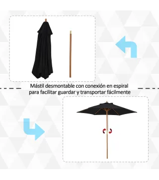 Sombrilla de Jardín Ø250x230 cm Parasol de Terraza con Marco de Madera 6 Varillas Sistema de Cuerda e Impermeable Negro
