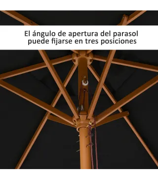 Sombrilla de Jardín Ø250x230 cm Parasol de Terraza con Marco de Madera 6 Varillas Sistema de Cuerda e Impermeable Negro