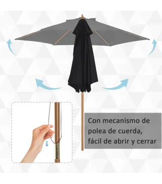 Sombrilla de Jardín Ø250x230 cm Parasol de Terraza con Marco de Madera 6 Varillas Sistema de Cuerda e Impermeable Negro