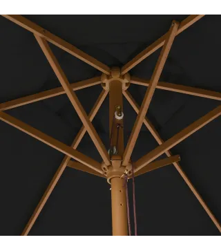 Sombrilla de Jardín Ø250x230 cm Parasol de Terraza con Marco de Madera 6 Varillas Sistema de Cuerda e Impermeable Negro