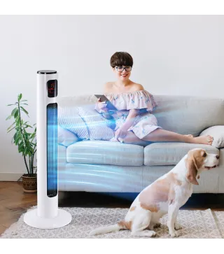 Ventilador de Torre Silencioso 45W con Control Remoto 3 Velocidades 3 Modos Temporizador 10H Oscilación 70° Blanco