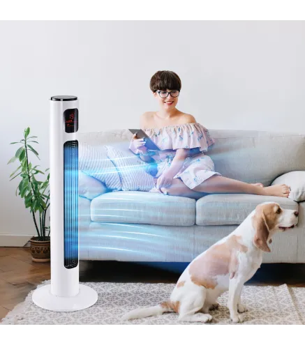 Ventilador de Torre Silencioso 45W con Control Remoto 3 Velocidades 3 Modos Temporizador 10H Oscilación 70° Blanco