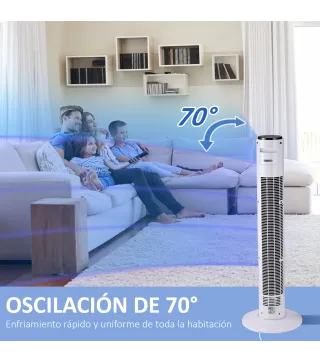 Ventilador de Torre Silencioso 45W con Control Remoto 3 Velocidades 3 Modos Temporizador 10H Oscilación 70° Blanco