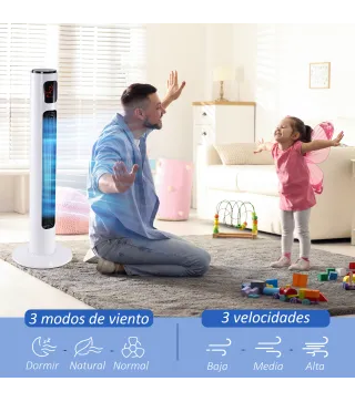 Ventilador de Torre Silencioso 45W con Control Remoto 3 Velocidades 3 Modos Temporizador 10H Oscilación 70° Blanco