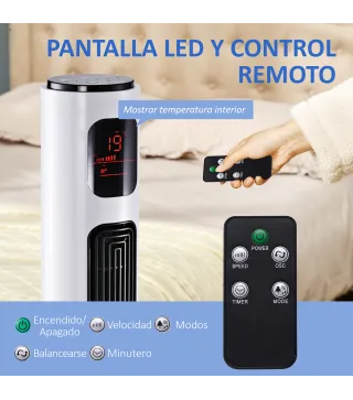 Ventilador de Torre Silencioso 45W con Control Remoto 3 Velocidades 3 Modos Temporizador 10H Oscilación 70° Blanco