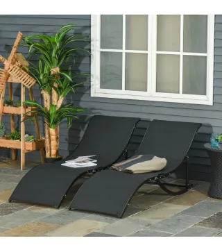 2 Tumbonas Plegables de Aluminio en Forma de S Ergonómica con Tela Texteline para Piscina Patio Jardín Terraza 165x61x63 cm Negr