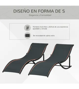 2 Tumbonas Plegables de Aluminio en Forma de S Ergonómica con Tela Texteline para Piscina Patio Jardín Terraza 165x61x63 cm Negr