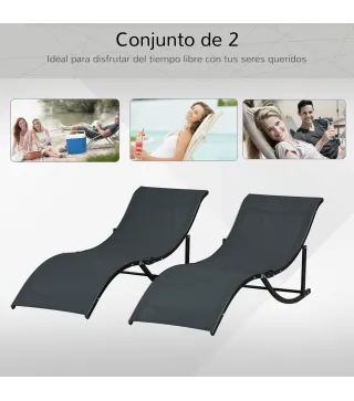 2 Tumbonas Plegables de Aluminio en Forma de S Ergonómica con Tela Texteline para Piscina Patio Jardín Terraza 165x61x63 cm Negr