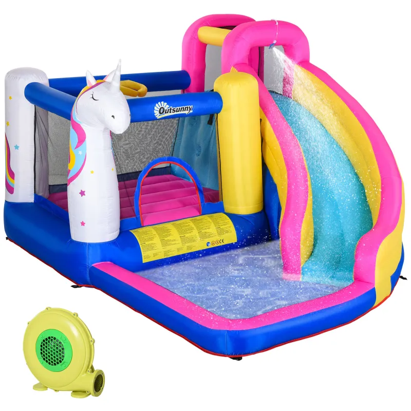 Castillo Inflable Infantil en Forma de Unicornio con Tobogán Piscina Cama de Salto Inflador 360x305x210 cm Multicolor
