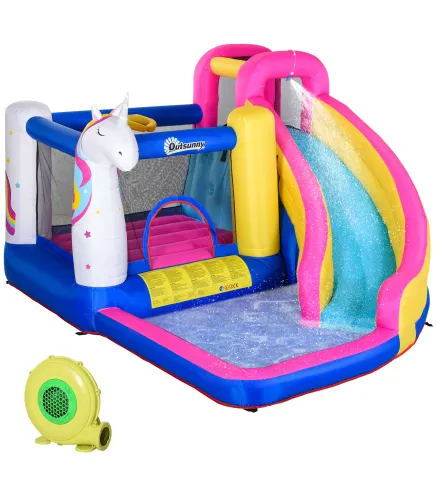 Castillo Inflable Infantil en Forma de Unicornio con Tobogán Piscina Cama de Salto Inflador 360x305x210 cm Multicolor
