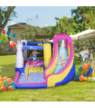 Castillo Inflable Infantil en Forma de Unicornio con Tobogán Piscina Cama de Salto Inflador 360x305x210 cm Multicolor
