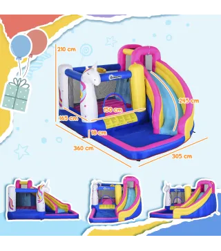 Castillo Inflable Infantil en Forma de Unicornio con Tobogán Piscina Cama de Salto Inflador 360x305x210 cm Multicolor
