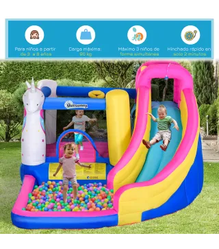 Castillo Inflable Infantil en Forma de Unicornio con Tobogán Piscina Cama de Salto Inflador 360x305x210 cm Multicolor