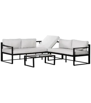 Conjunto de Muebles de Jardín 3 Piezas de Aluminio Juego de Muebles con Mesa de Vidrio Sofá de 5 Plazas con Respaldo Ajustable y