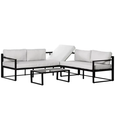 Conjunto de Muebles de Jardín 3 Piezas de Aluminio Juego de Muebles con Mesa de Vidrio Sofá de 5 Plazas con Respaldo Ajustable y