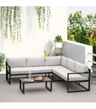Conjunto de Muebles de Jardín 3 Piezas de Aluminio Juego de Muebles con Mesa de Vidrio Sofá de 5 Plazas con Respaldo Ajustable y