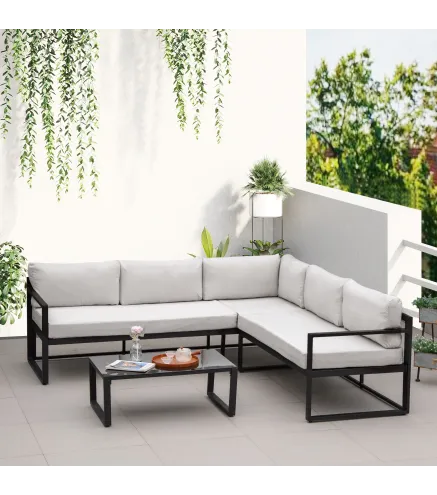 Conjunto de Muebles de Jardín 3 Piezas de Aluminio Juego de Muebles con Mesa de Vidrio Sofá de 5 Plazas con Respaldo Ajustable y