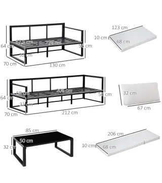Conjunto de Muebles de Jardín 3 Piezas de Aluminio Juego de Muebles con Mesa de Vidrio Sofá de 5 Plazas con Respaldo Ajustable y