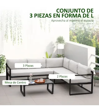 Conjunto de Muebles de Jardín 3 Piezas de Aluminio Juego de Muebles con Mesa de Vidrio Sofá de 5 Plazas con Respaldo Ajustable y