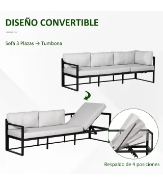 Conjunto de Muebles de Jardín 3 Piezas de Aluminio Juego de Muebles con Mesa de Vidrio Sofá de 5 Plazas con Respaldo Ajustable y