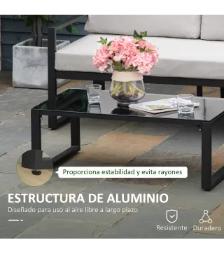 Conjunto de Muebles de Jardín 3 Piezas de Aluminio Juego de Muebles con Mesa de Vidrio Sofá de 5 Plazas con Respaldo Ajustable y