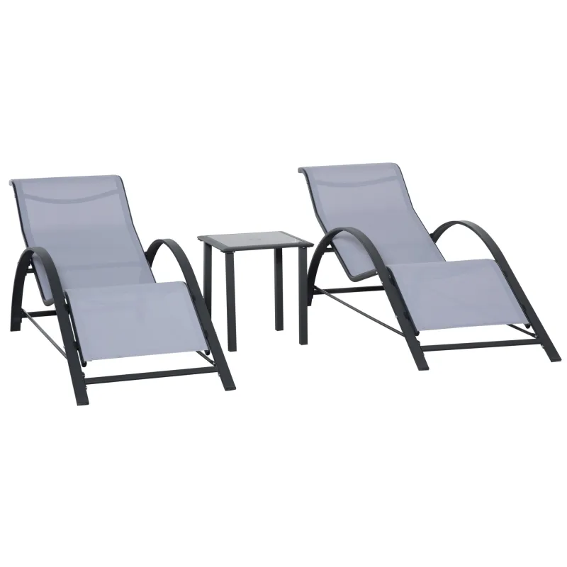 2 Tumbonas de Jardín 59x169x66 cm con Mesa de Centro 41x41x45 cm de Vidrio Reposabrazos para Patio Piscina Terraza Gris