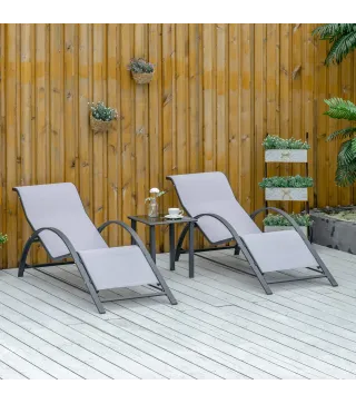 2 Tumbonas de Jardín 59x169x66 cm con Mesa de Centro 41x41x45 cm de Vidrio Reposabrazos para Patio Piscina Terraza Gris