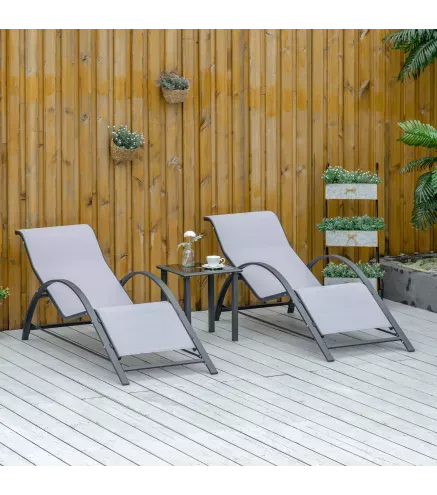 2 Tumbonas de Jardín 59x169x66 cm con Mesa de Centro 41x41x45 cm de Vidrio Reposabrazos para Patio Piscina Terraza Gris