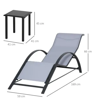 2 Tumbonas de Jardín 59x169x66 cm con Mesa de Centro 41x41x45 cm de Vidrio Reposabrazos para Patio Piscina Terraza Gris