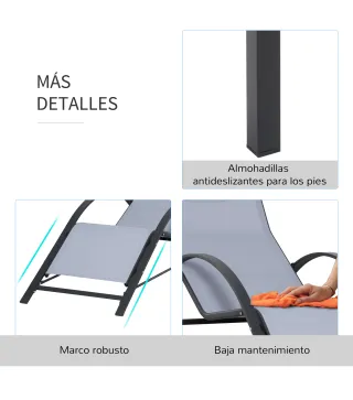 2 Tumbonas de Jardín 59x169x66 cm con Mesa de Centro 41x41x45 cm de Vidrio Reposabrazos para Patio Piscina Terraza Gris