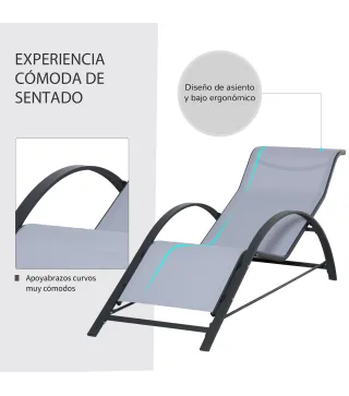 2 Tumbonas de Jardín 59x169x66 cm con Mesa de Centro 41x41x45 cm de Vidrio Reposabrazos para Patio Piscina Terraza Gris