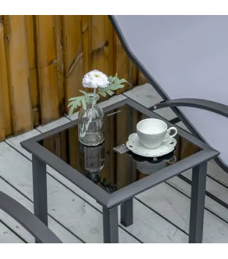 2 Tumbonas de Jardín 59x169x66 cm con Mesa de Centro 41x41x45 cm de Vidrio Reposabrazos para Patio Piscina Terraza Gris