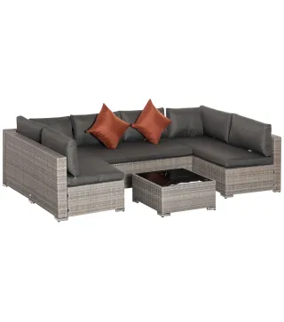 Conjunto de Muebles de Jardín de Ratán 4 Piezas Mesa de Centro de Vidrio Sofá Doble y 2 Sofás Esquineros con Cojines Desenfundab