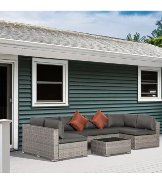 Conjunto de Muebles de Jardín de Ratán 4 Piezas Mesa de Centro de Vidrio Sofá Doble y 2 Sofás Esquineros con Cojines Desenfundab