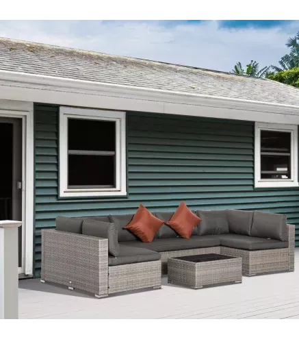 Conjunto de Muebles de Jardín de Ratán 4 Piezas Mesa de Centro de Vidrio Sofá Doble y 2 Sofás Esquineros con Cojines Desenfundab