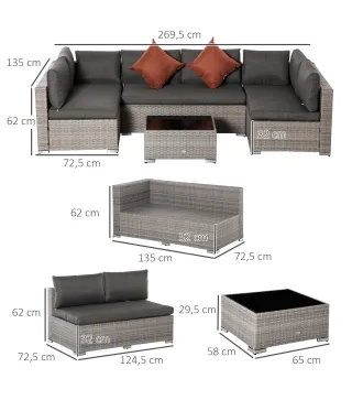 Conjunto de Muebles de Jardín de Ratán 4 Piezas Mesa de Centro de Vidrio Sofá Doble y 2 Sofás Esquineros con Cojines Desenfundab
