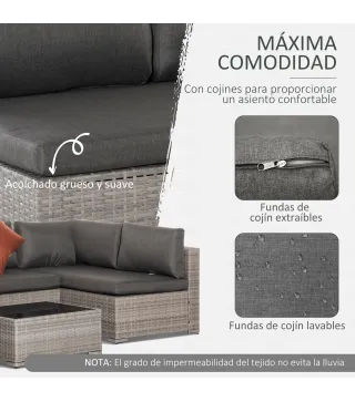 Conjunto de Muebles de Jardín de Ratán 4 Piezas Mesa de Centro de Vidrio Sofá Doble y 2 Sofás Esquineros con Cojines Desenfundab