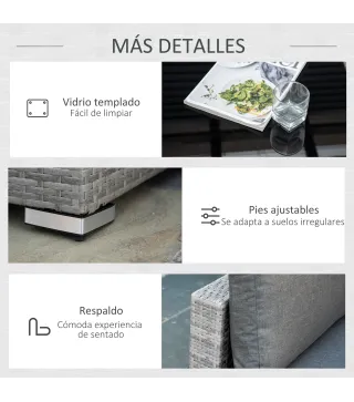 Conjunto de Muebles de Jardín de Ratán 4 Piezas Mesa de Centro de Vidrio Sofá Doble y 2 Sofás Esquineros con Cojines Desenfundab