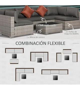 Conjunto de Muebles de Jardín de Ratán 4 Piezas Mesa de Centro de Vidrio Sofá Doble y 2 Sofás Esquineros con Cojines Desenfundab