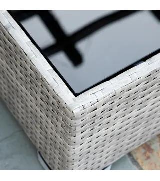 Conjunto de Muebles de Jardín de Ratán 4 Piezas Mesa de Centro de Vidrio Sofá Doble y 2 Sofás Esquineros con Cojines Desenfundab