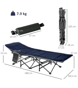 Cama de Acampada con Cojín Almohada Bolsillo Bolsa de Transporte y Marco de Acero Carga 150 kg 188x64,5x53 cm Azul